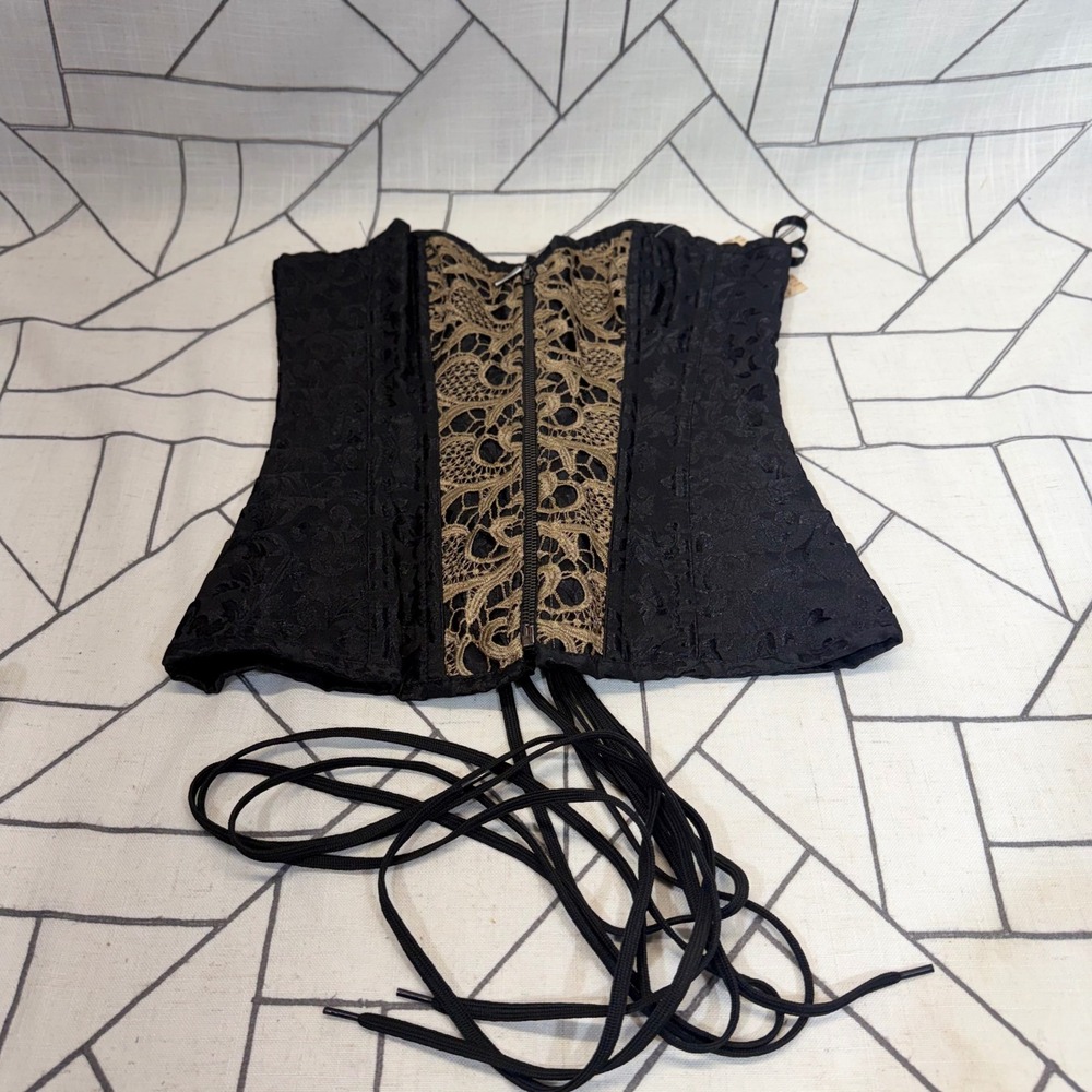 Spirit Halloween Corset Top One Size Black Gold Lace Up Steampunk Gothic New